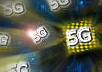 5G word on technology abstract background with cpu and binary code. concept of 5G network communication on modern circuits, high speed mobile internet and next generation network technology.