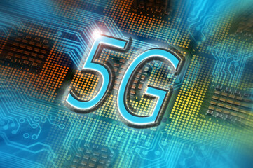 Obraz premium 5G word on technology abstract background with cpu and binary code. concept of 5G network communication on modern circuits, high speed mobile internet and next generation network technology.