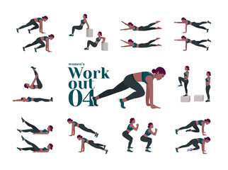 Workout Women set. Women doing fitness and yoga exercises. Lunges, Pushups, Squats, Dumbbell rows, Burpees, Side planks, Situps, Glute bridge, Leg Raise, 
Russian Twist, Side Crunch .etc