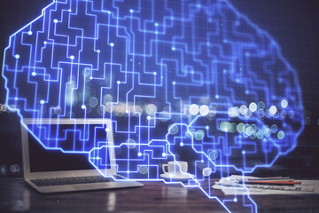 Multi exposure of work table with computer and brain hologram. Brainstorm concept.