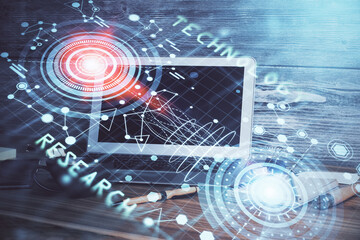 Multi exposure of computer on background and technology theme drawing. Concept of innovation.