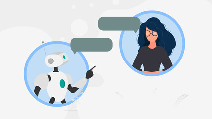 Chatbot banner. A robot in dialogue with a girl. Suitable for apps, sites and topics related to automatic replies and artificial intelligence. Vector.
