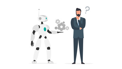 The robot offers a solution. Businessman with a question. People and robots teamwork concept. Vector.