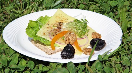 Brokkolisporossen Superfood Frühstück Knäckebrot getrocknete Pflaumen Walnüsse Käse Paprika Gemüse Picknick im Gras