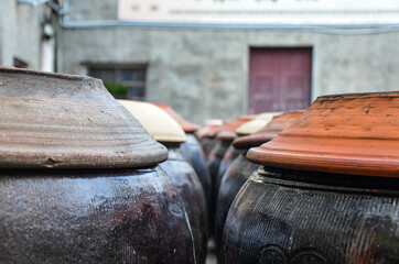 Yunlin, Taiwan - AGU 02, 2019: Making soy sauce factory, brewing earthenware pots in WanZhuang Soy Sauce.
