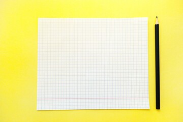 A white sheet of notebook paper in a cage on a bright yellow background with a black slate pencil.