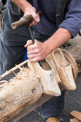 Traditional skill of manual making of Dutch wooden shoes