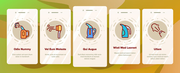 Steamer Domestic Tool Onboarding Mobile App Page Screen Vector. Electric Food Cooking Multi Steamer, Vacuum Cleaner And Humidifier Equipment Illustrations