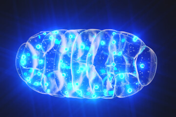Mitochondrion mitochondria mitochondrium with blue light on dark background with lens effects. 3d render - obrazy, fototapety, plakaty