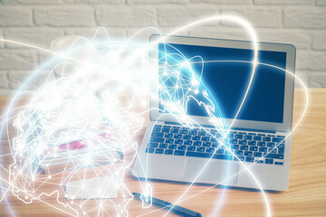 Fototapeta premium Multi exposure of business theme icons and table with computer background. Concept of success.