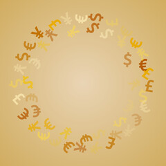 Euro dollar pound yen golden signs flying money vector background. Payment pattern. Currency icons 