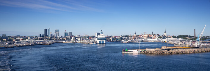 View to the port in the center of Tallinn, Estonia. View to the high buildings in the center of...