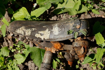 Fahrradsattel, altes, rostiges Fahrrad auf dem Boden liegend