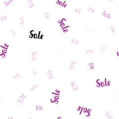 Light Pink vector seamless background with 30, 50, 70 % signs of sales. Colored words of sales with gradient on white background. Template for season sales, shopping ads.