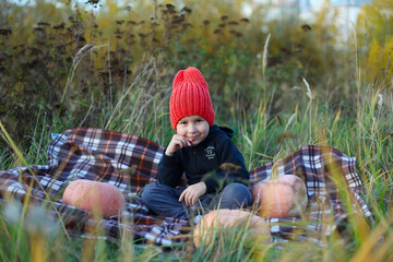 Cute young boy in squared autumn shirt posing with big pumpkin at the pumpkin's field. Copy space.