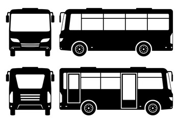 Small bus silhouette on white background. Vehicle icons set view from side, front, and back © Yuri Schmidt