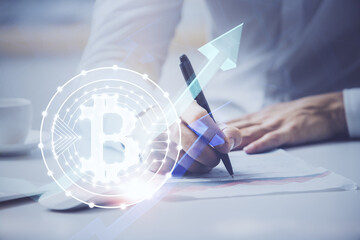 Businessman with hands background. Crypto currency concept.