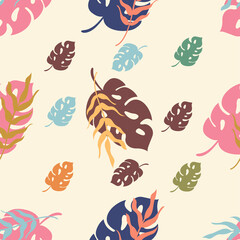 Tropical Seamless Pattern with Tropical leaves pastel colors