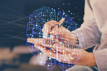 Brain multi exposure icon with man hands background.