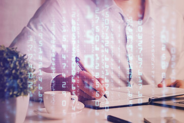 Human hands with tech theme double exposure drawings.