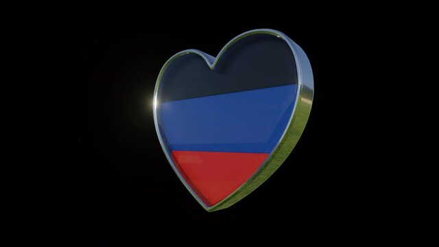 Flag of the Donetsk People's Republic in the shape of 3D heart. Metallic heart with glass and relief elements of the country flag. Animation with alpha channel.