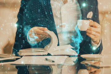 Brain multi exposure icon with man hands background.