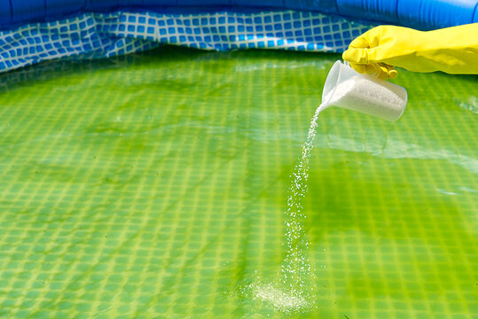 Addition Of Chlorine Powder For The Pool To Remove Algae And Disinfect Water. Inflatable Swimming Pool Care Concept.