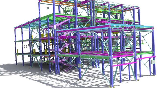 Presentation of 3D BIM modeling of buildings made of metal structures for presentation to the General contractor, subcontractors and construction customer. 3D rendering.