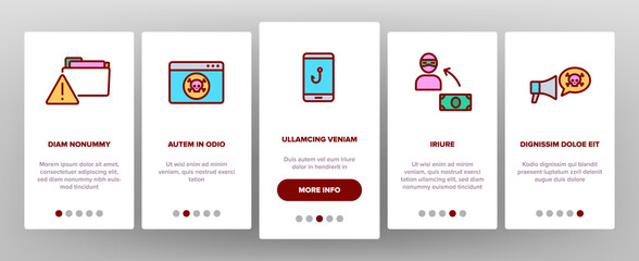 Scam Finance Criminal Onboarding Mobile App Page Screen Vector. Internet And Mobile Phone Scam, Computer Screen And Folder, Dollar Banknote And Coin Illustrations