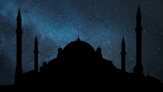 Hagia Sophia by Night, Time Lapse with Stars, Milky Way, Domes and Minarets in Silhouette, Istanbul