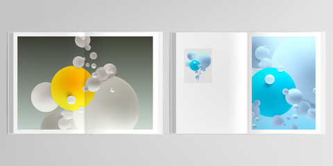 3d realistic vector layout of cover mockup design templates for A4 bifold brochure, flyer, cover design, book design, magazine, brochure cover. Abstract composition with 3d balls or spheres.
