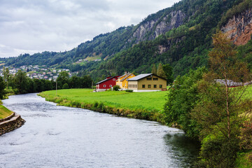 Fototapeta na wymiar beautiful houses by the river, Norway