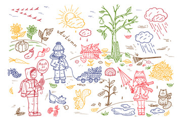 Autumn season. Children. Walk on outdoors. Background for kids. Hand drawn doodle Childhood set. Rainy weather.