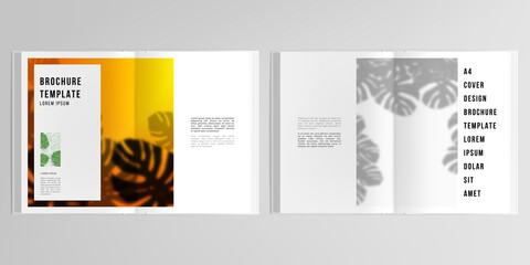 3d realistic vector layout of cover mockup templates for A4 bifold brochure, flyer, cover design, book design. Tropical palm leaves, transparent shadow of tropical leaves. Floral pattern backgrounds.