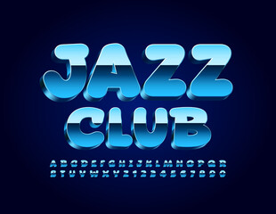 Vector music poster Jazz Club. Blue Metal Font. Modern 3D Alphabet Letters and Numbers

