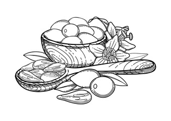 Graphic composition of goji berries, flowers, leaves, wooden bowl and spoon.