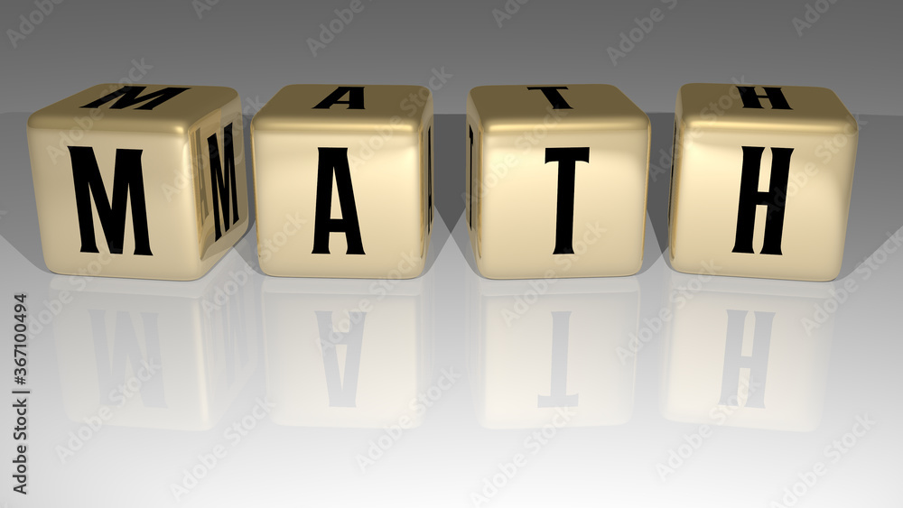 Poster 3D representation of Math with icon on the wall and text arranged by metallic cubic letters on a mirror floor for concept meaning and slideshow presentation. illustration and background