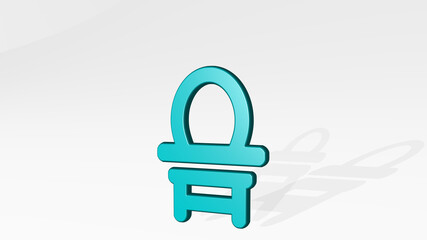 DRESSING MIRROR stand with shadow. 3D illustration of metallic sculpture over a white background with mild texture. food and salad