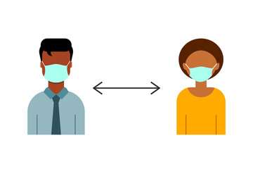 New normal at work place. African American businessman and businesswoman wear protective masks. Social distancing at work. Coronavirus protection. Safety during pandemic. Vector illustration, clip art
