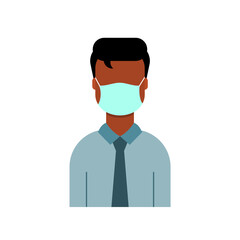 African American businessman in suit and tie wearing a protective mask. No entry without face mask sign. Safety at work. New normal during pandemic. Office reopen. Vector illustration, flat, clip art.