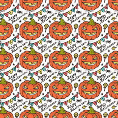 Happy Halloween party. Hand Drawn Doodle Halloween Pumpkin Seamless pattern
