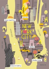 Decorative New York map flat hand drawn vector illustration. American city map for travel guide and card with symbols. New York infographic poster, banner design.