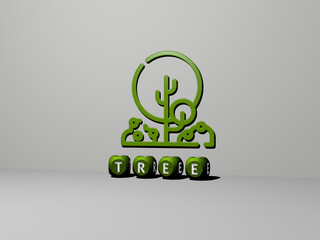 3D illustration of TREE graphics and text made by metallic dice letters for the related meanings of the concept and presentations. background and christmas