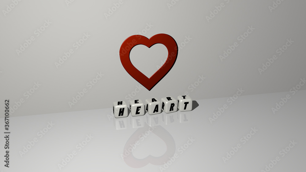 Poster 3d graphical image of heart vertically along with text built by metallic cubic letters from the top 