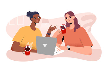 Young woman working together in cafe with laptop drinking coffee, discussing their job, concept of teamwork and freelancers caucasian and african girls, vector illustration, cartoon characters
