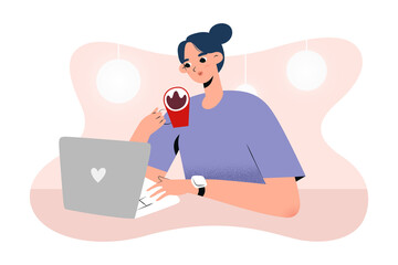 Young woman working in a cafe or coffee shop drinking coffee sitting at table and using her laptop, concept of freelance job, vector cartoon illustration, human character