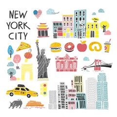 Set of decorative cartoon symbols of New York drawn by hand in pastel colors. Elements of American urban lifestyle for posters, cards, invitations, banners on the site. Flat cute vector illustration