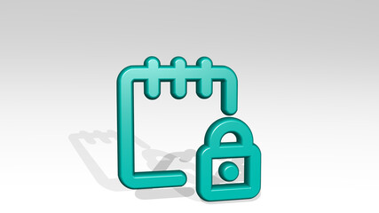 notes lock stand with shadow. 3D illustration of metallic sculpture over a white background with mild texture. business and music