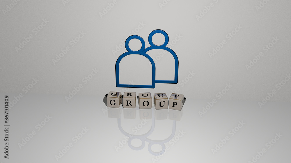 Poster 3D representation of group with icon on the wall and text arranged by metallic cubic letters on a mirror floor for concept meaning and slideshow presentation. background and illustration