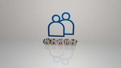 3D representation of group with icon on the wall and text arranged by metallic cubic letters on a mirror floor for concept meaning and slideshow presentation. background and illustration